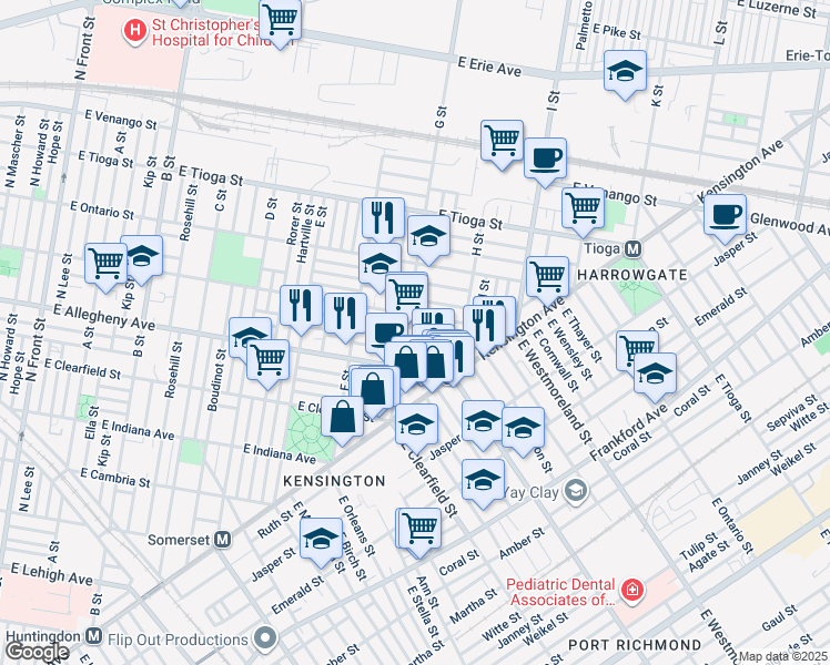 map of restaurants, bars, coffee shops, grocery stores, and more near 810 East Willard Street in Philadelphia