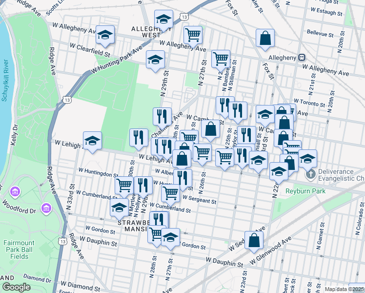 map of restaurants, bars, coffee shops, grocery stores, and more near 2720 West Seltzer Street in Philadelphia