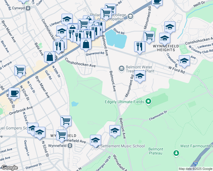 map of restaurants, bars, coffee shops, grocery stores, and more near 2562 Belmont Avenue in Philadelphia