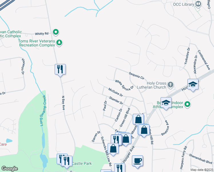 map of restaurants, bars, coffee shops, grocery stores, and more near 955 McGuire Drive in Toms River