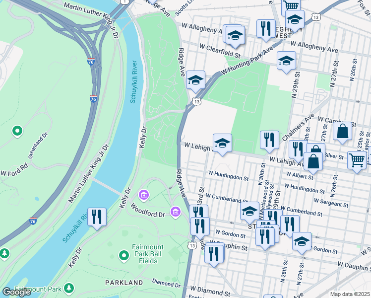 map of restaurants, bars, coffee shops, grocery stores, and more near 3489 Ridge Avenue in Philadelphia