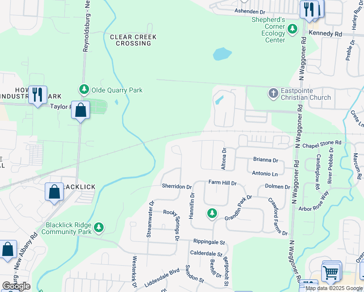 map of restaurants, bars, coffee shops, grocery stores, and more near 746 Streamwater Drive in Blacklick