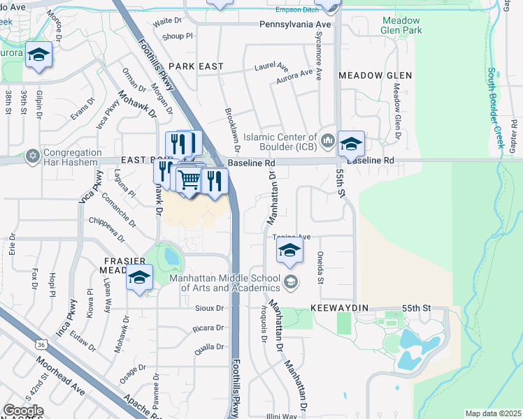 map of restaurants, bars, coffee shops, grocery stores, and more near 21 Manhattan Drive in Boulder