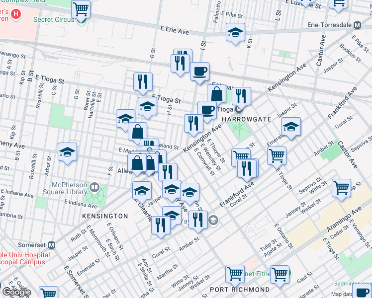 map of restaurants, bars, coffee shops, grocery stores, and more near 2006 I Street in Philadelphia