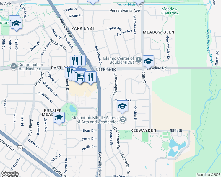 map of restaurants, bars, coffee shops, grocery stores, and more near 565 Manhattan Drive in Boulder