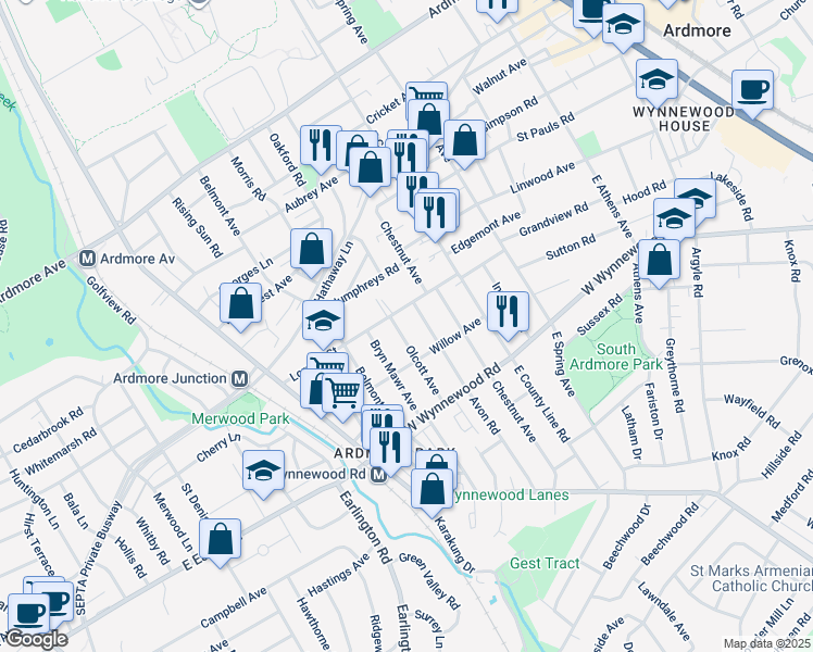 map of restaurants, bars, coffee shops, grocery stores, and more near 2529 Olcott Avenue in Ardmore