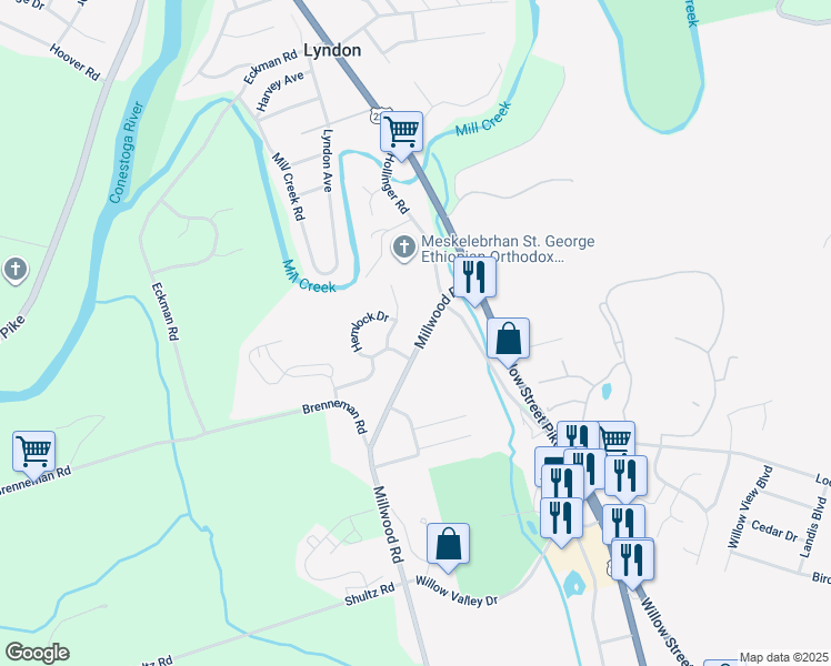 map of restaurants, bars, coffee shops, grocery stores, and more near 198 Millwood Road in Lancaster