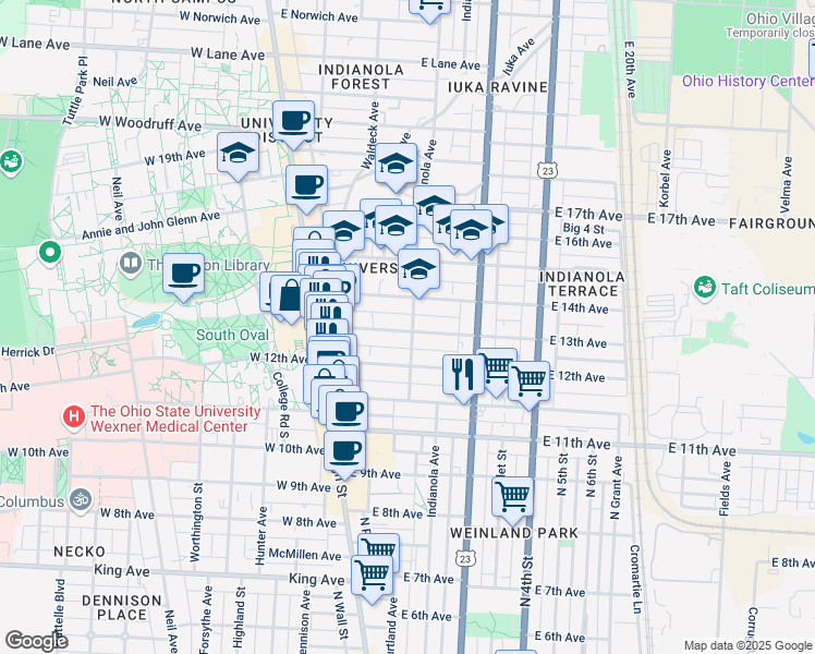 map of restaurants, bars, coffee shops, grocery stores, and more near 127 East 13th Avenue in Columbus