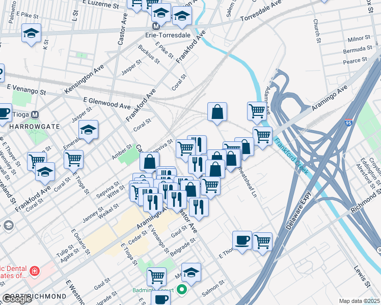 map of restaurants, bars, coffee shops, grocery stores, and more near 2267 East Butler Street in Philadelphia