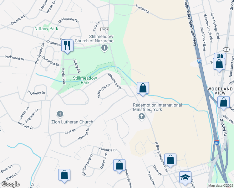 map of restaurants, bars, coffee shops, grocery stores, and more near 200 Robin Hill Circle in York