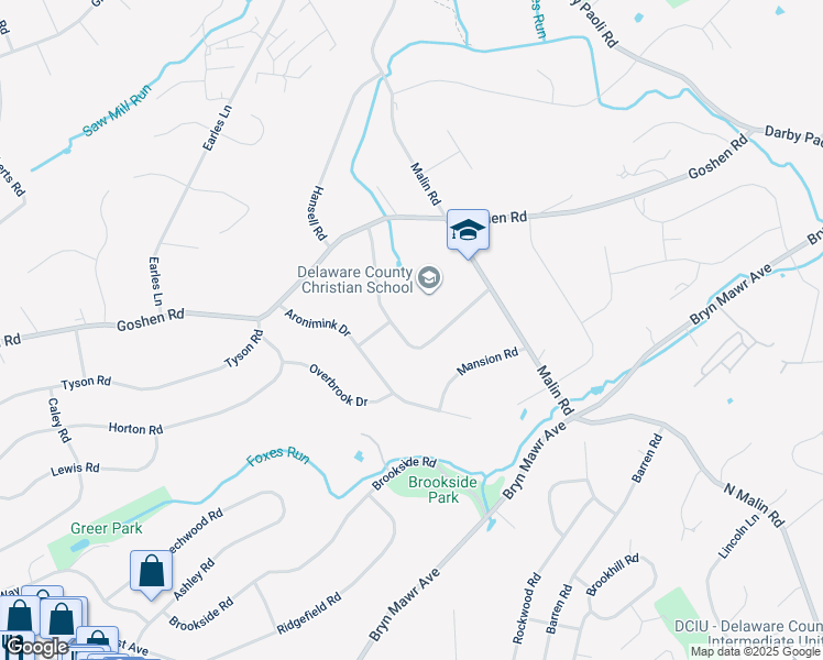 map of restaurants, bars, coffee shops, grocery stores, and more near 127 Hunt Club Lane in Newtown Square