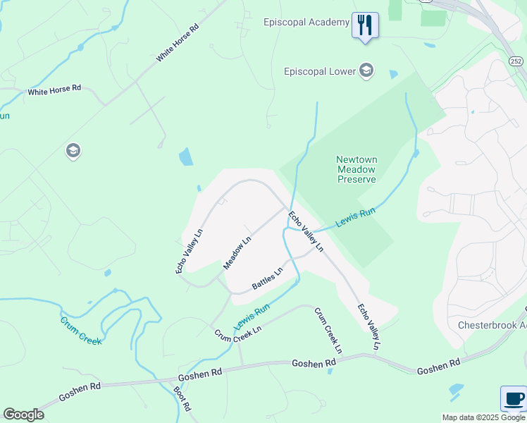 map of restaurants, bars, coffee shops, grocery stores, and more near 4103 Meadow Lane in Newtown Square