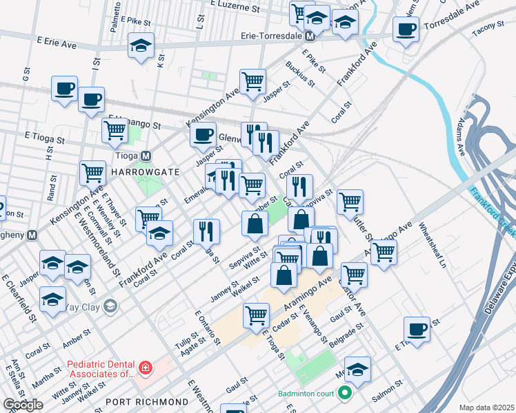 map of restaurants, bars, coffee shops, grocery stores, and more near 2089 East Pacific Street in Philadelphia