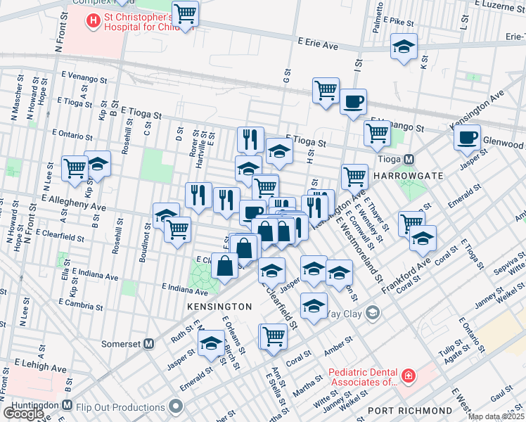 map of restaurants, bars, coffee shops, grocery stores, and more near 764 East Willard Street in Philadelphia