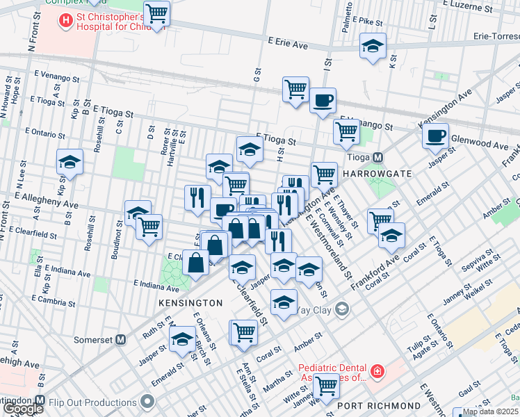 map of restaurants, bars, coffee shops, grocery stores, and more near 855 East Willard Street in Philadelphia
