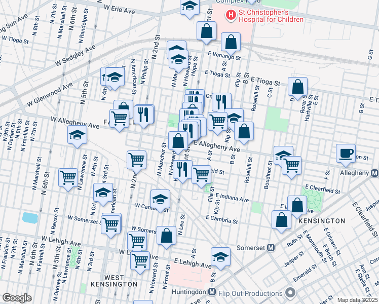 map of restaurants, bars, coffee shops, grocery stores, and more near 3133 North Front Street in Philadelphia