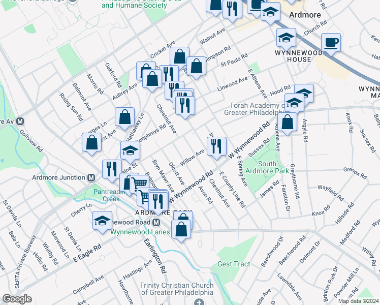 map of restaurants, bars, coffee shops, grocery stores, and more near 2508 Chestnut Avenue in Ardmore