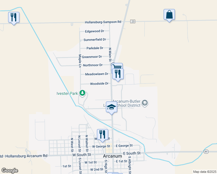 map of restaurants, bars, coffee shops, grocery stores, and more near 510-516 North Main Street in Arcanum