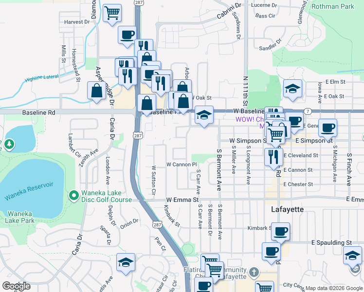 map of restaurants, bars, coffee shops, grocery stores, and more near 772 West Cleveland Circle in Lafayette
