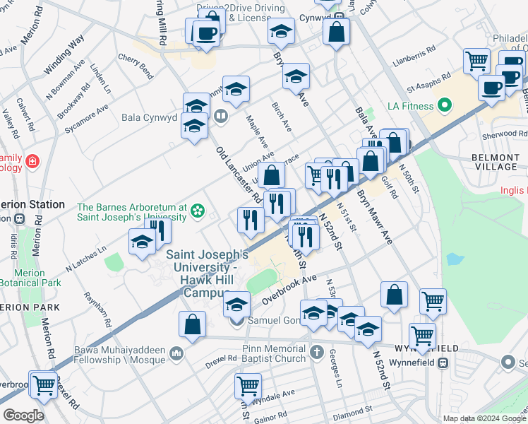 map of restaurants, bars, coffee shops, grocery stores, and more near 14 Old Lancaster Road in Merion Station