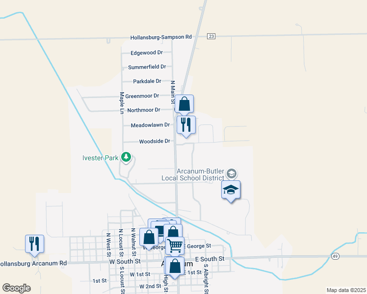 map of restaurants, bars, coffee shops, grocery stores, and more near 4 Woodside Drive in Arcanum