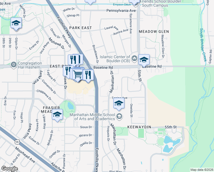 map of restaurants, bars, coffee shops, grocery stores, and more near 21 Manhattan Drive in Boulder