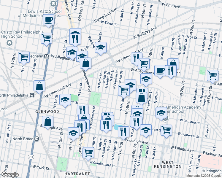 map of restaurants, bars, coffee shops, grocery stores, and more near 3027 North 8th Street in Philadelphia