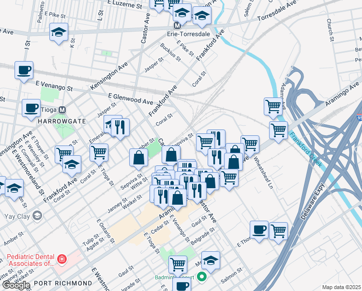 map of restaurants, bars, coffee shops, grocery stores, and more near 3711 Sepviva Street in Philadelphia