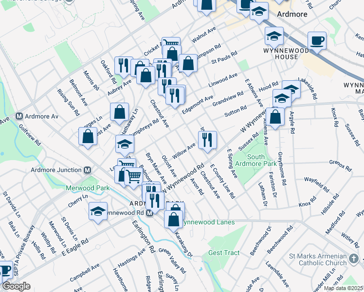 map of restaurants, bars, coffee shops, grocery stores, and more near 2508 Chestnut Avenue in Ardmore