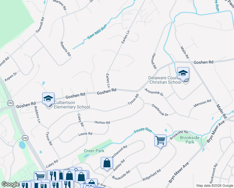 map of restaurants, bars, coffee shops, grocery stores, and more near 3408B Goshen Road in Newtown Square