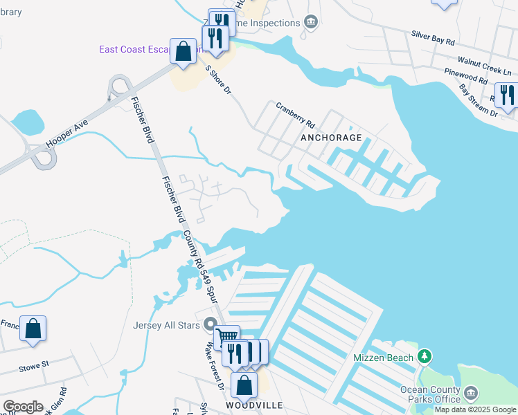 map of restaurants, bars, coffee shops, grocery stores, and more near 313 Waters Edge Drive in Toms River