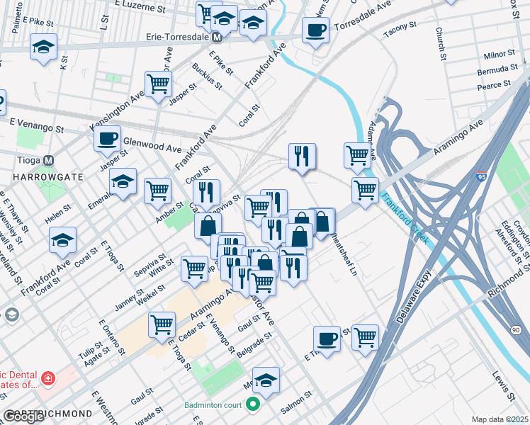 map of restaurants, bars, coffee shops, grocery stores, and more near 2267 East Butler Street in Philadelphia