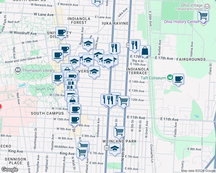 map of restaurants, bars, coffee shops, grocery stores, and more near 1707 Summit Street in Columbus