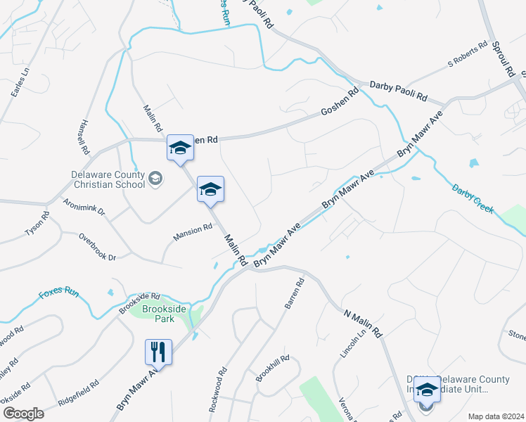 map of restaurants, bars, coffee shops, grocery stores, and more near 841 Milmar Road in Newtown Square