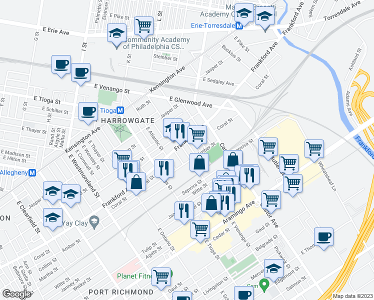 map of restaurants, bars, coffee shops, grocery stores, and more near 2063 East Venango Street in Philadelphia