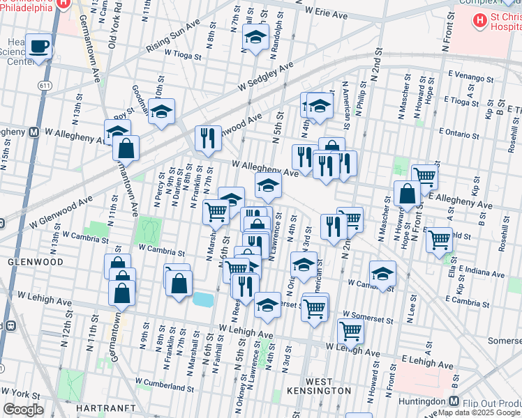 map of restaurants, bars, coffee shops, grocery stores, and more near 3050 North 5th Street in Philadelphia