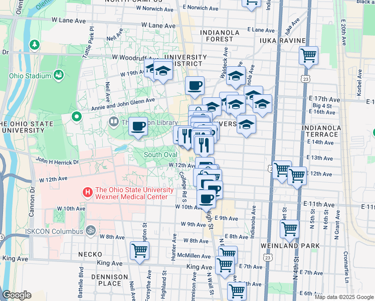 map of restaurants, bars, coffee shops, grocery stores, and more near 1739 North High Street in Columbus