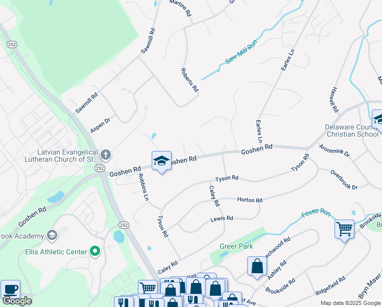 map of restaurants, bars, coffee shops, grocery stores, and more near 3511 Goshen Road in Newtown Square