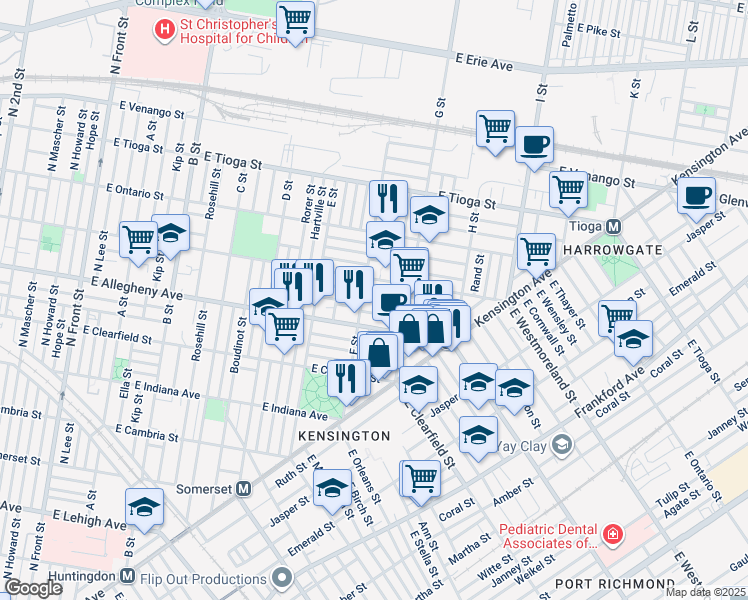 map of restaurants, bars, coffee shops, grocery stores, and more near 715 East Madison Street in Philadelphia