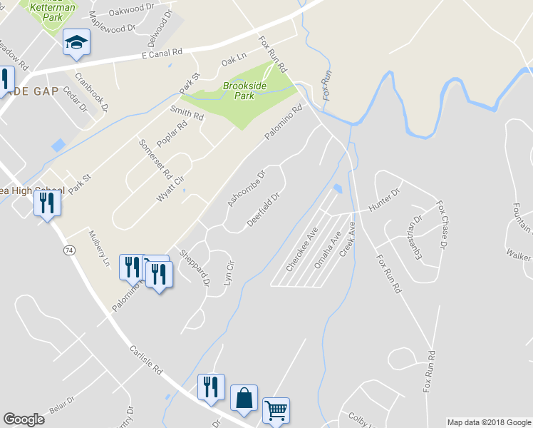 map of restaurants, bars, coffee shops, grocery stores, and more near 1881 Deerfield Drive in Dover