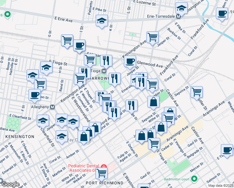 map of restaurants, bars, coffee shops, grocery stores, and more near 1938 East Tioga Street in Philadelphia