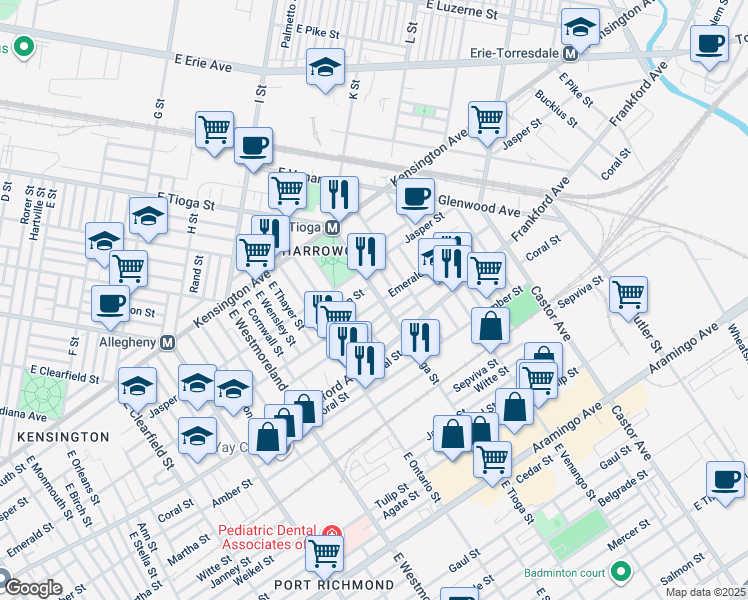 map of restaurants, bars, coffee shops, grocery stores, and more near 1938 East Tioga Street in Philadelphia