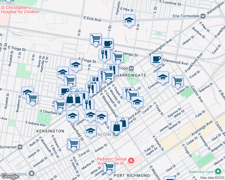 map of restaurants, bars, coffee shops, grocery stores, and more near 1835 East Wensley Street in Philadelphia