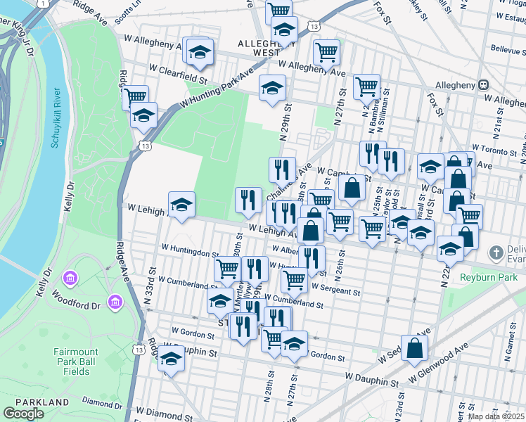 map of restaurants, bars, coffee shops, grocery stores, and more near 2733 North Hollywood Street in Philadelphia