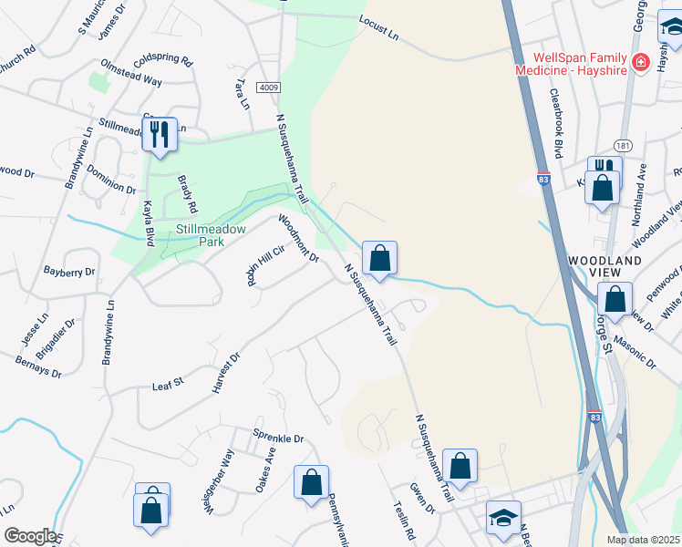 map of restaurants, bars, coffee shops, grocery stores, and more near 2385 Woodmont Drive in York