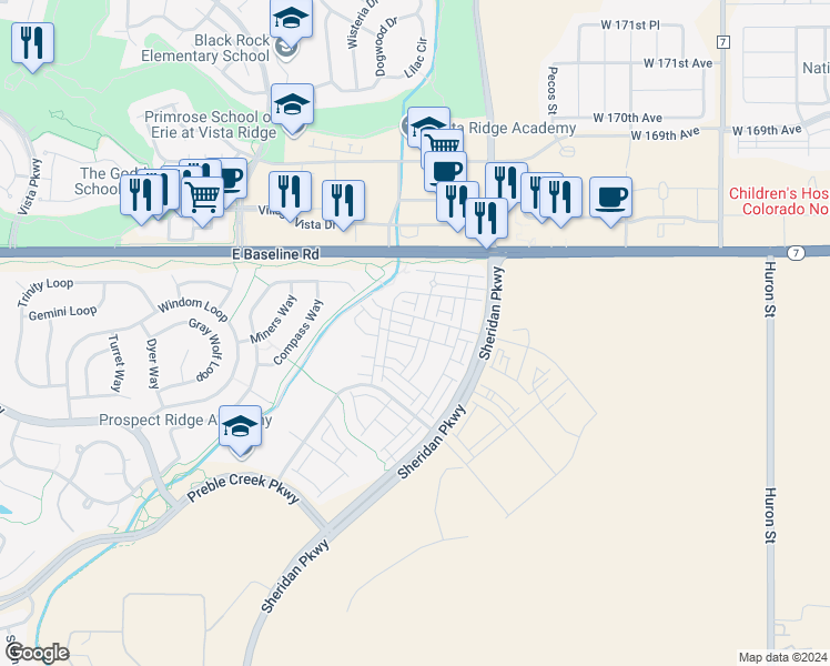 map of restaurants, bars, coffee shops, grocery stores, and more near 16705 Sheridan Parkway in Broomfield