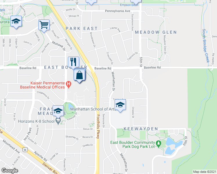 map of restaurants, bars, coffee shops, grocery stores, and more near 21 Manhattan Drive in Boulder