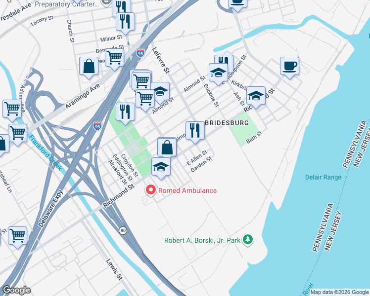 map of restaurants, bars, coffee shops, grocery stores, and more near 2821 Overington Street in Philadelphia