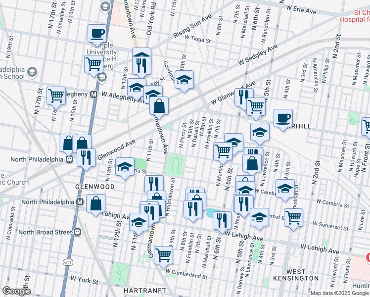 map of restaurants, bars, coffee shops, grocery stores, and more near 911 West Indiana Avenue in Philadelphia