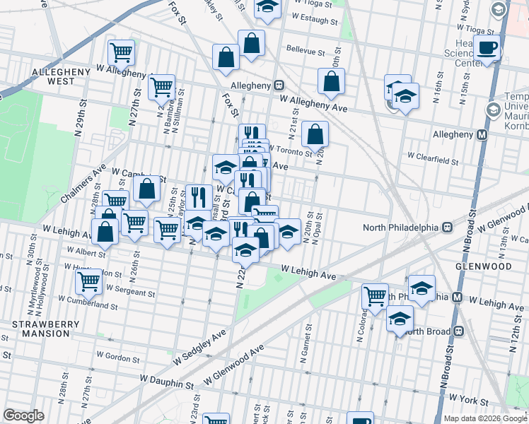 map of restaurants, bars, coffee shops, grocery stores, and more near 2816 North Van Pelt Street in Philadelphia